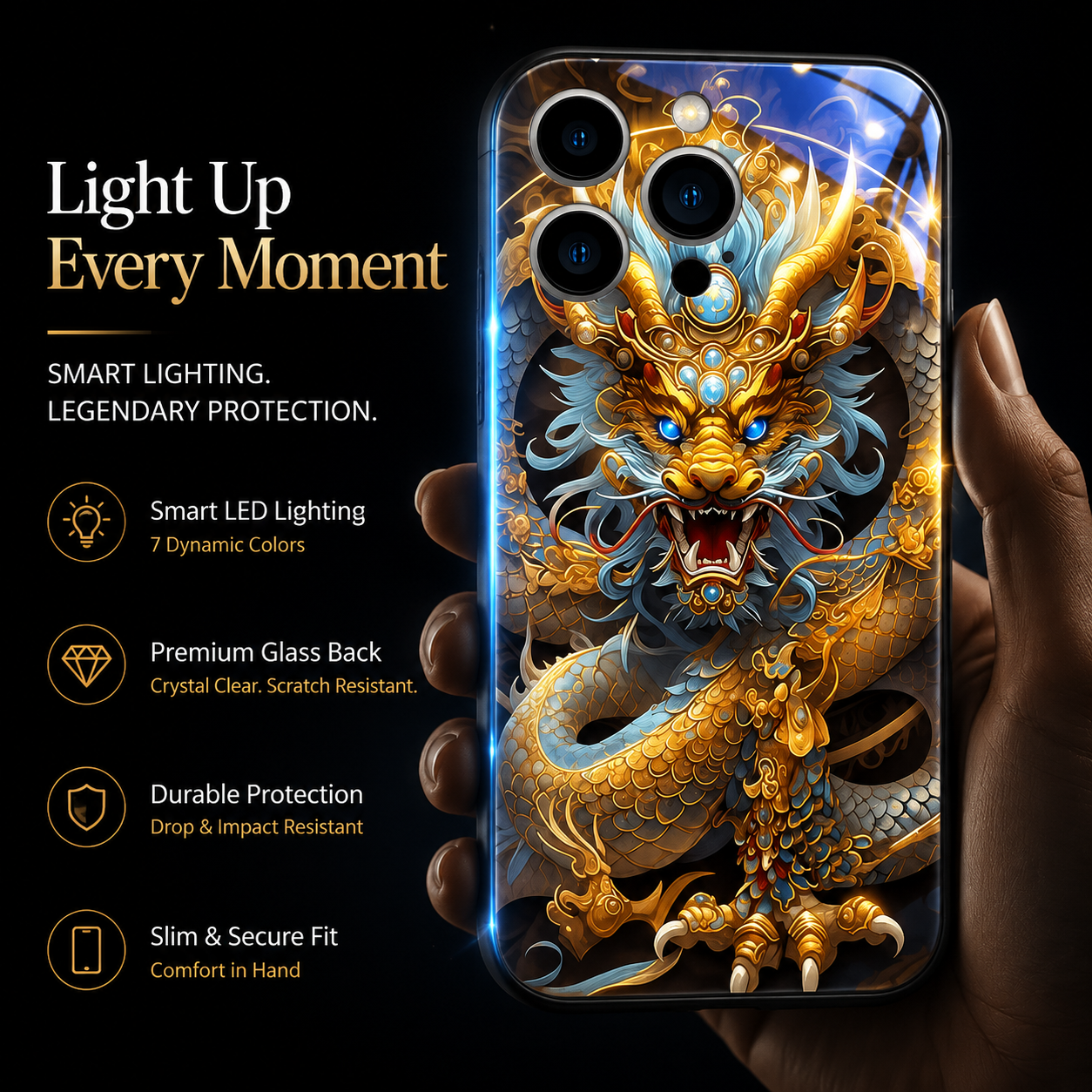 Premium Luxury iPhone Case LED Luminous Cover Golden Dragon Design Sound Reactive Tempered Glass Back Shockproof TPU Frame Ultra Thin Protection
