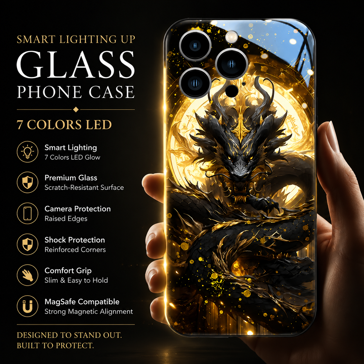 Premium Luxury iPhone Case LED Luminous Cover Golden Dragon Design Sound Reactive Tempered Glass Back Shockproof TPU Frame Ultra Thin Protection