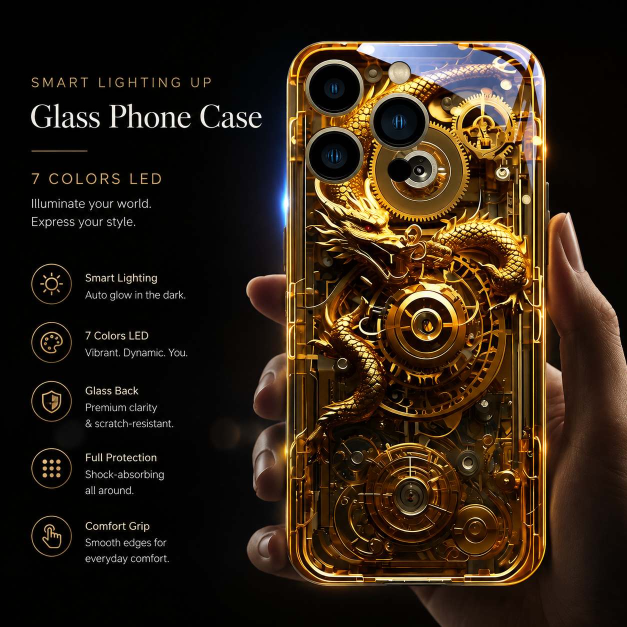 Premium Luxury iPhone Case LED Luminous Cover Golden Dragon Design Sound Reactive Tempered Glass Back Shockproof TPU Frame Ultra Thin Protection