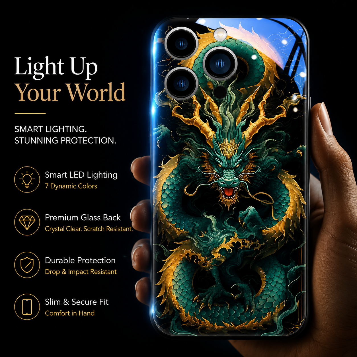 Premium Luxury iPhone Case LED Luminous Cover Golden Dragon Design Sound Reactive Tempered Glass Back Shockproof TPU Frame Ultra Thin Protection