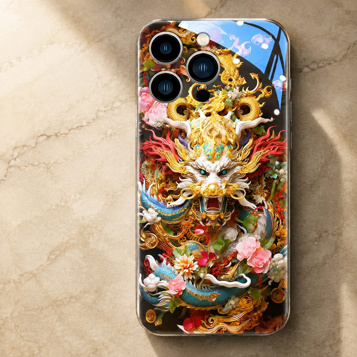 Premium Luxury iPhone Case LED Luminous Cover Golden Dragon Design Sound Reactive Tempered Glass Back Shockproof TPU Frame Ultra Thin Protection