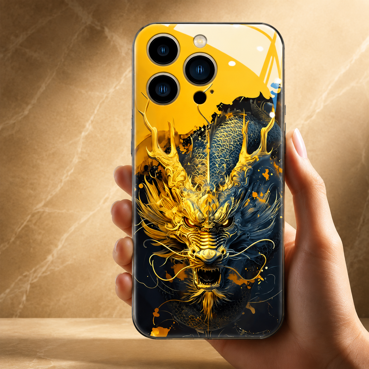 Premium Luxury iPhone Case LED Luminous Cover Golden Dragon Design Sound Reactive Tempered Glass Back Shockproof TPU Frame Ultra Thin Protection