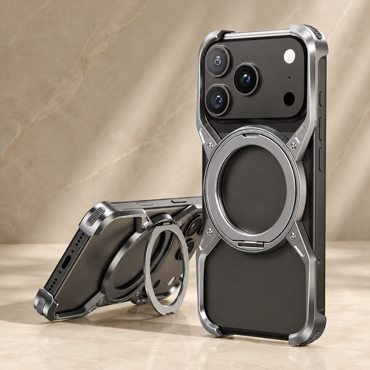 Premium Luxury iPhone Case MagSafe Compatible Aluminum Bumper Frame Cover 360° Rotating Ring Stand Shockproof Camera Protection Slim Design Finish