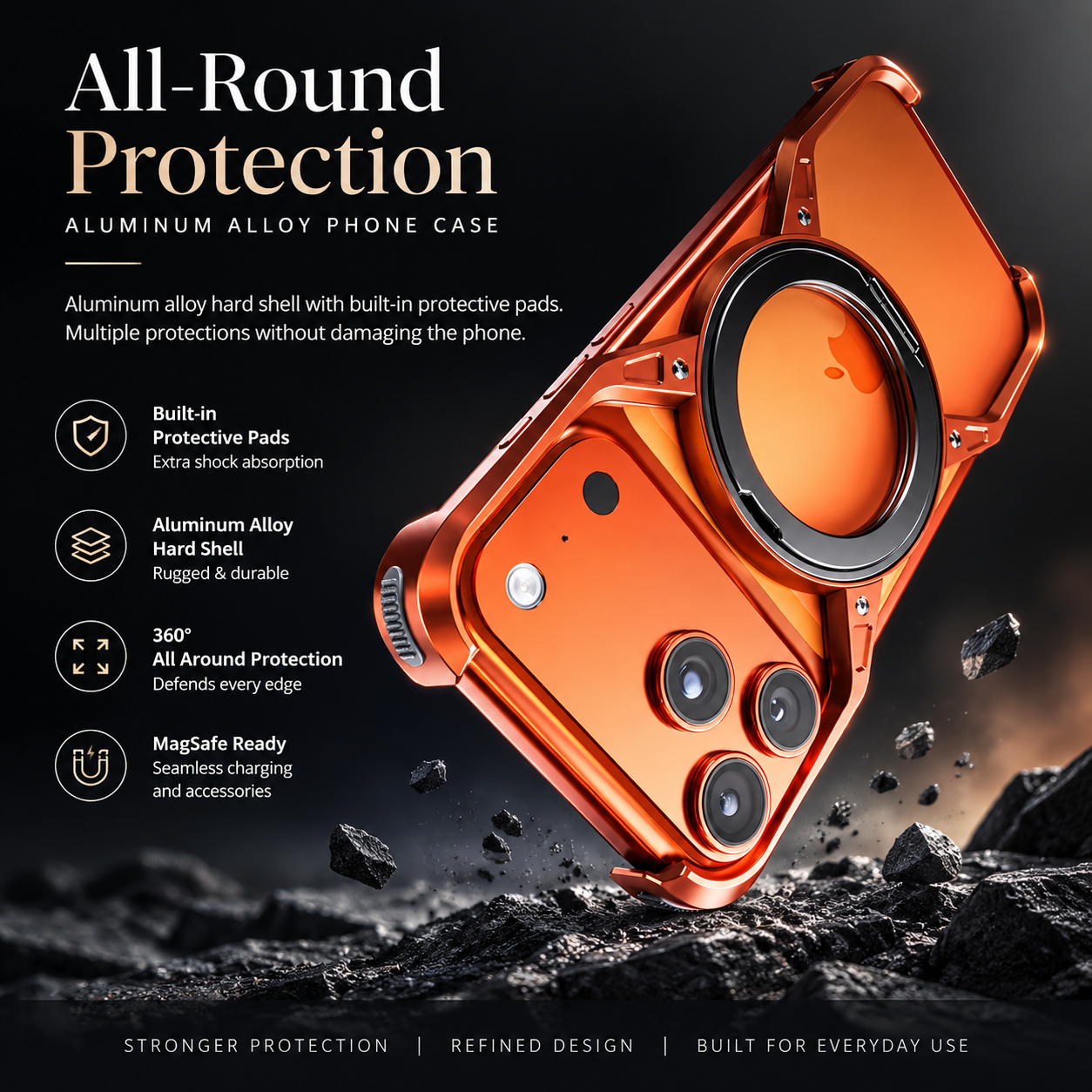 Premium Luxury iPhone Case MagSafe Compatible Aluminum Bumper Frame Cover 360° Rotating Ring Stand Shockproof Camera Protection Slim Design Finish