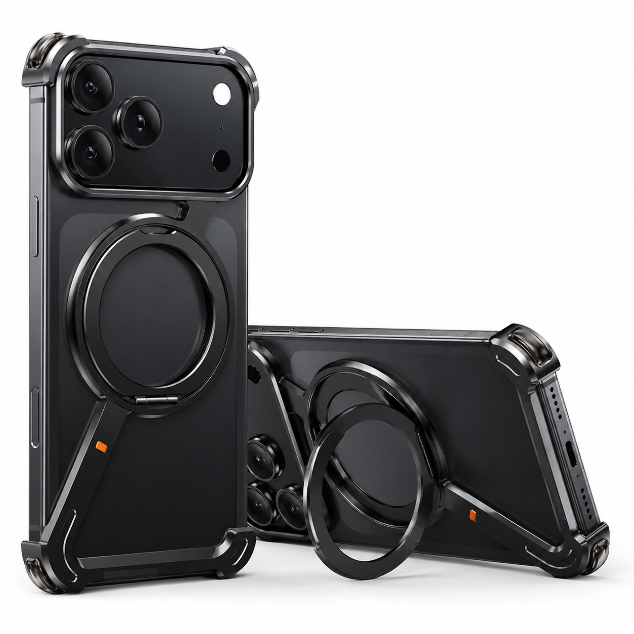 Premium Luxury iPhone Case MagSafe Compatible Aluminum Magnetic Cover Frameless Shockproof 360° Rotating Ring Stand Camera Protection Slim Design Finish