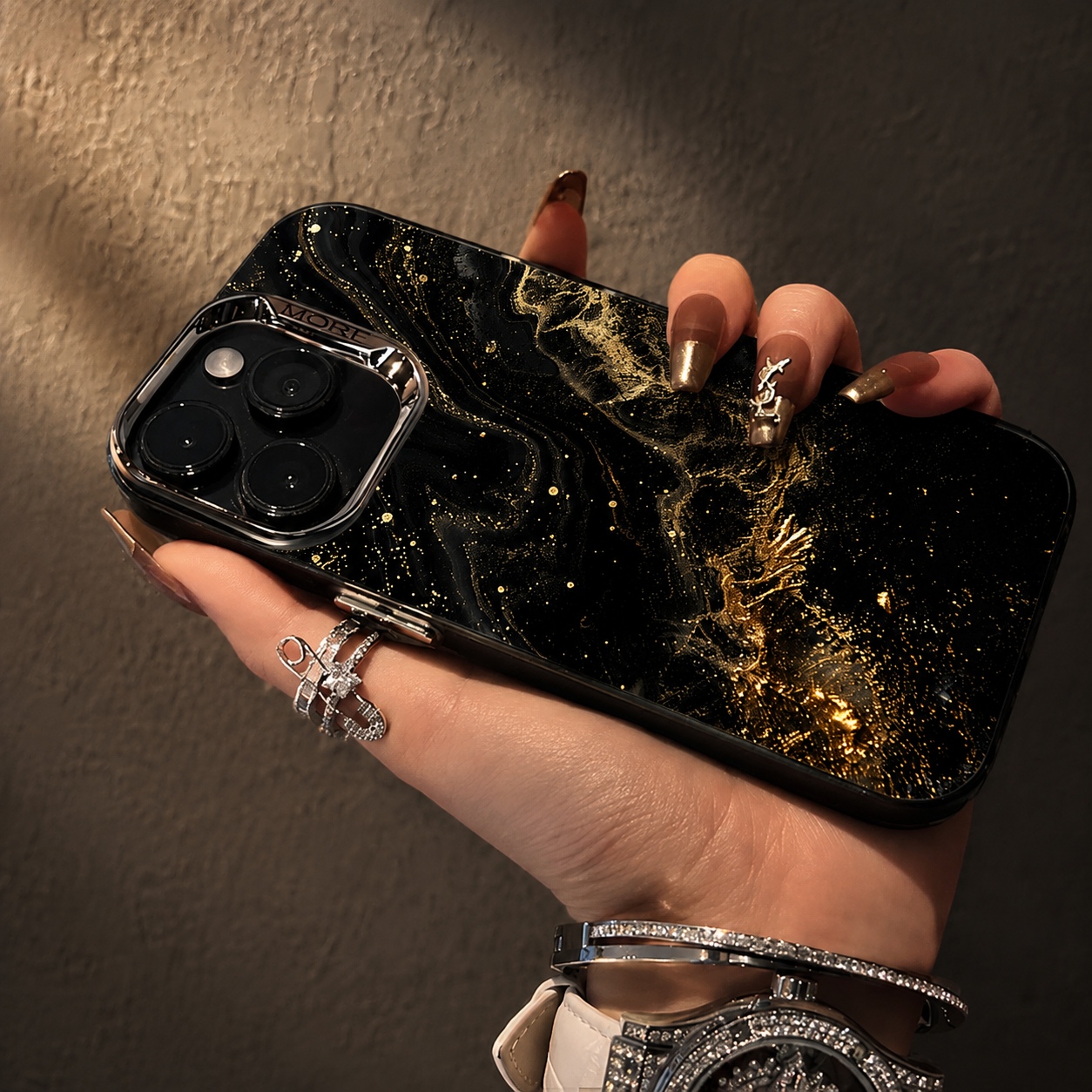 Premium Luxury iPhone Case MagSafe Compatible Black Marble Texture Cover Gold Edge Design Shockproof Camera Protection 3D Grip Slim Profile Finish