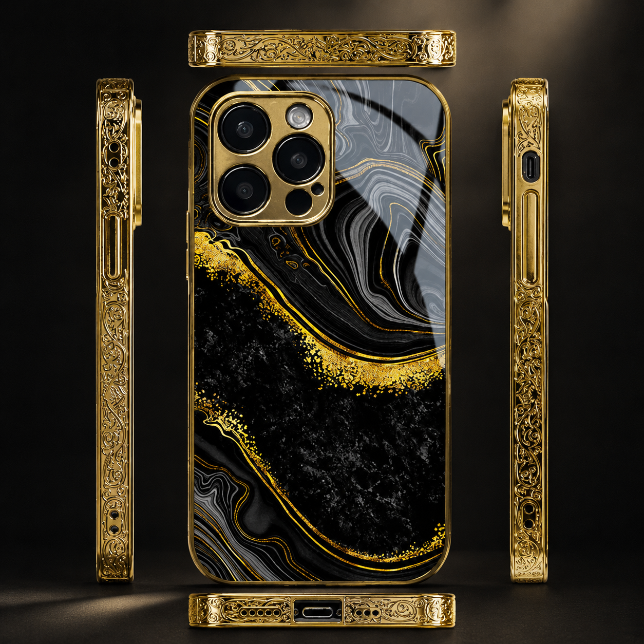 Premium Luxury iPhone Case MagSafe Compatible Black Marble Texture Cover Gold Edge Design Shockproof Camera Protection 3D Grip Slim Profile Finish