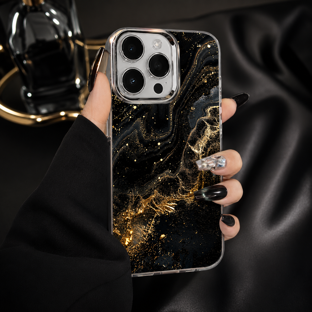 Premium Luxury iPhone Case MagSafe Compatible Black Marble Texture Cover Gold Edge Design Shockproof Camera Protection 3D Grip Slim Profile Finish