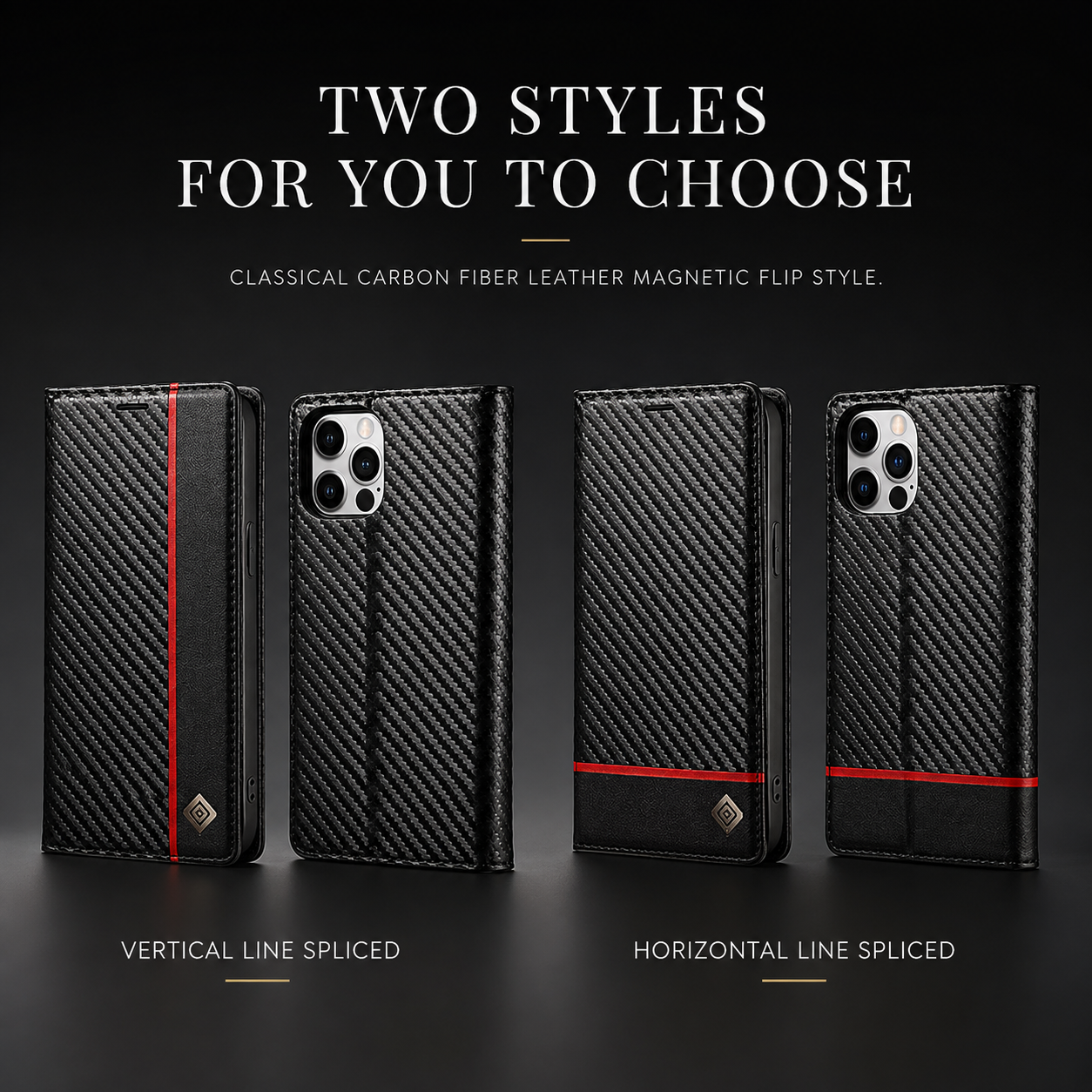 Premium Luxury iPhone Case MagSafe Compatible Carbon Fiber Leather Flip Wallet Cover Card Holder Kickstand Shockproof Camera Protection Slim Design Finish