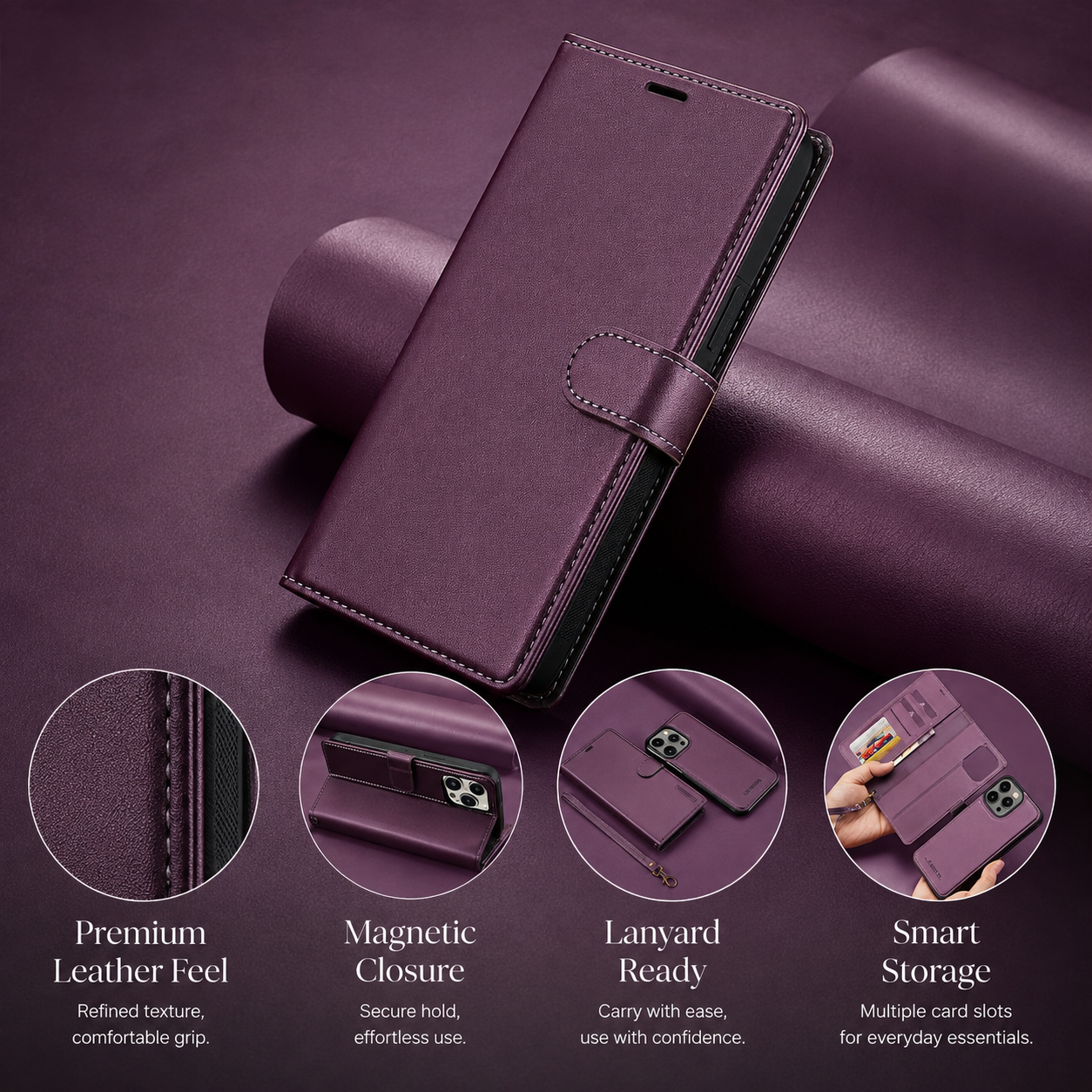 Premium Luxury iPhone Case MagSafe Compatible Detachable Leather Wallet Cover Flip Stand Card Holder Shockproof Camera Protection Slim Design Finish