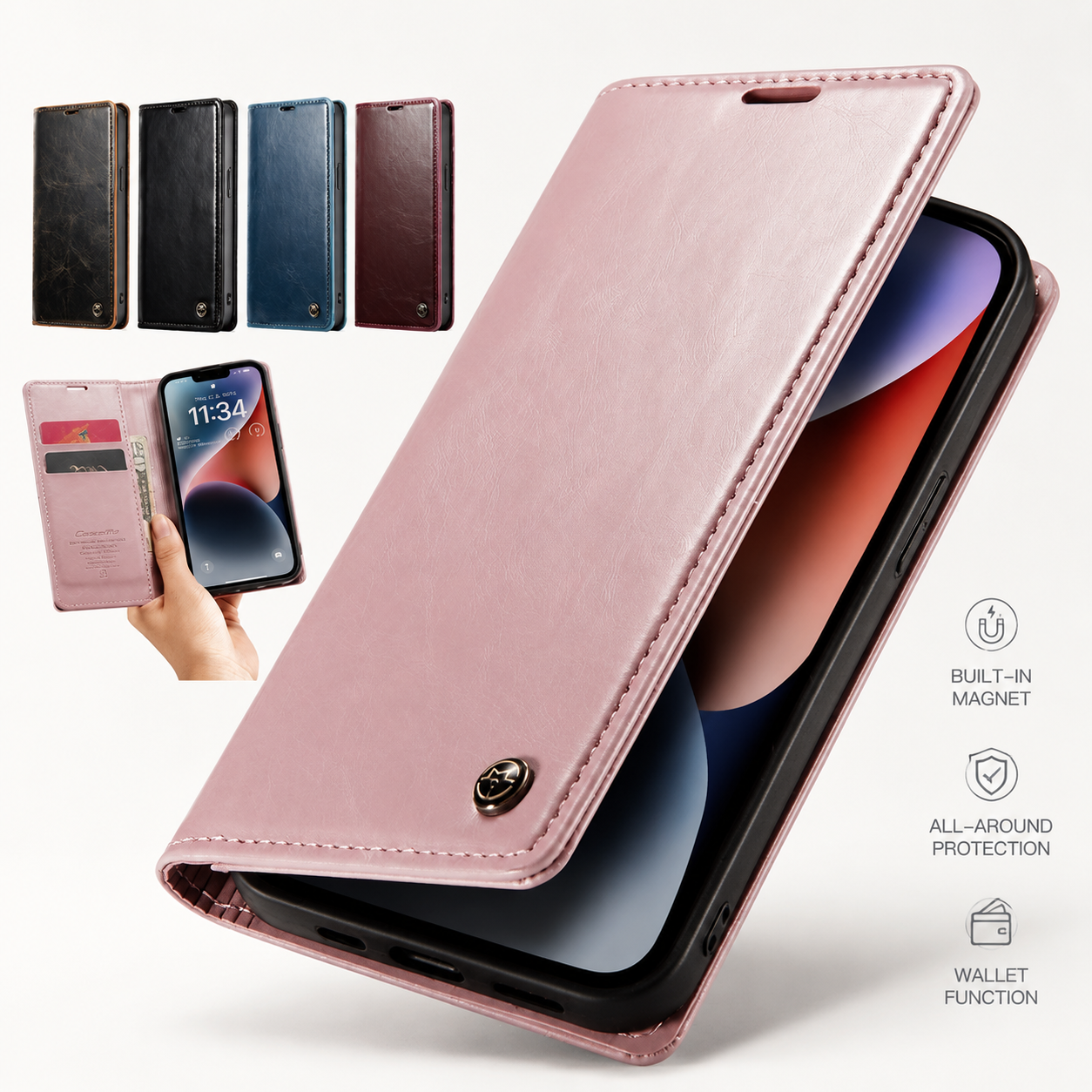 Premium Luxury iPhone Case MagSafe Compatible Detachable Leather Wallet Cover Flip Stand Card Holder Shockproof Camera Protection Slim Design Finish