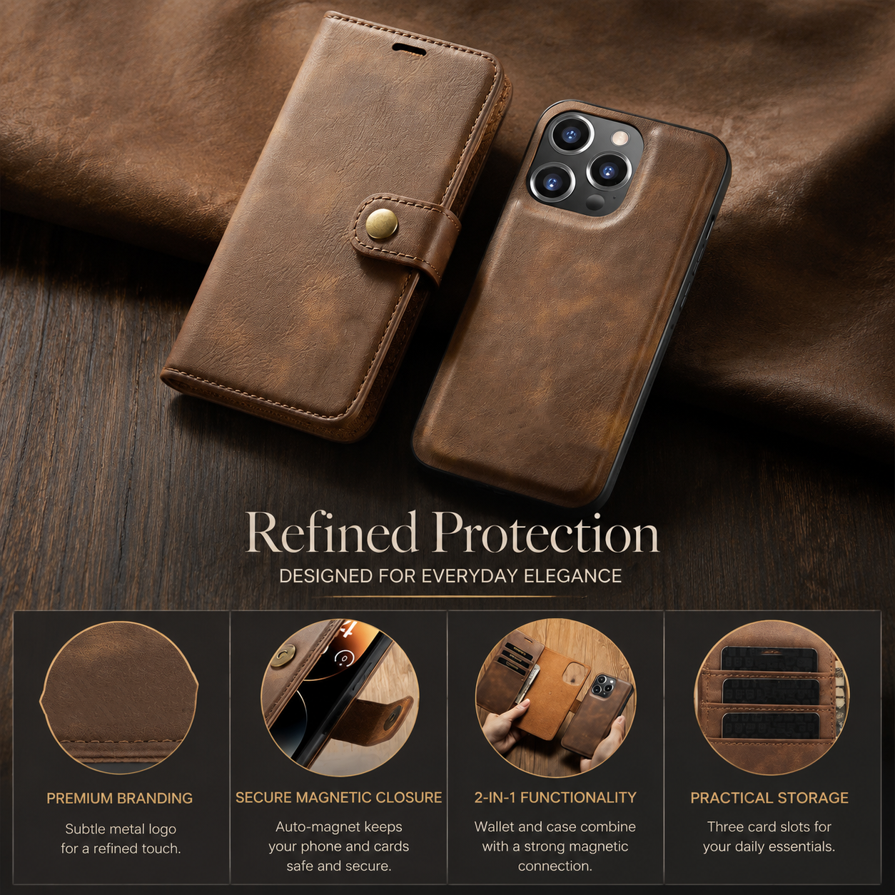 Premium Luxury iPhone Case MagSafe Compatible Detachable Magnetic Wallet Leather Cover Card Holder Shockproof Camera Protection Slim Design Finish