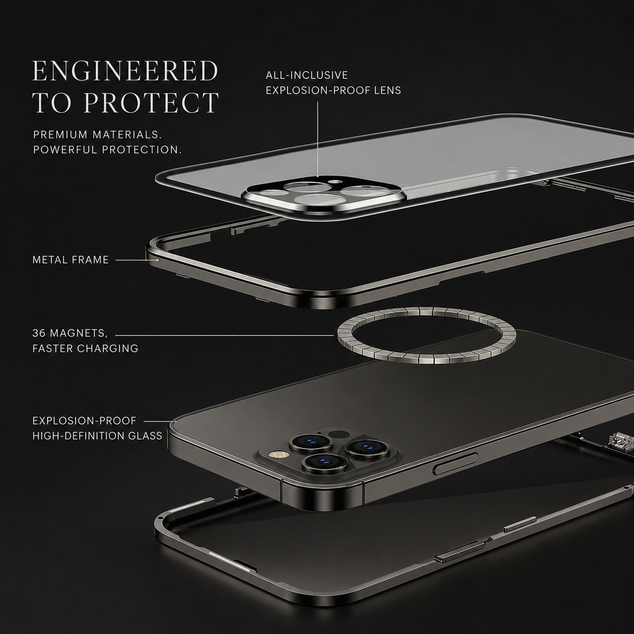 Premium Luxury iPhone Case MagSafe Compatible Double Sided Tempered Glass Metal Frame Cover Shockproof 360 Full Body Camera Protection Slim Design Finish