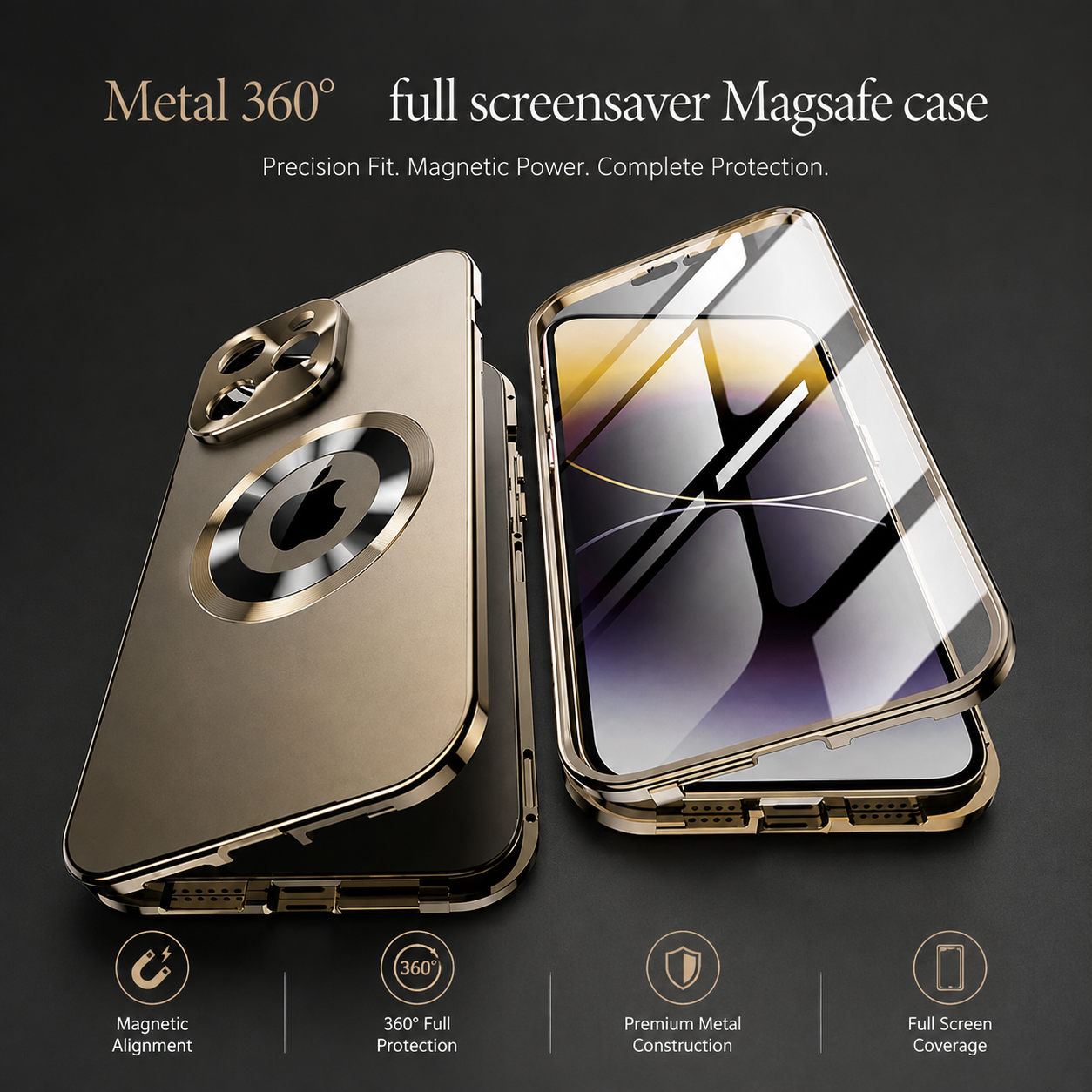 Premium Luxury iPhone Case MagSafe Compatible Double Sided Tempered Glass Privacy Cover Metal Frame Shockproof 360 Full Body Camera Protection Slim Design Finish