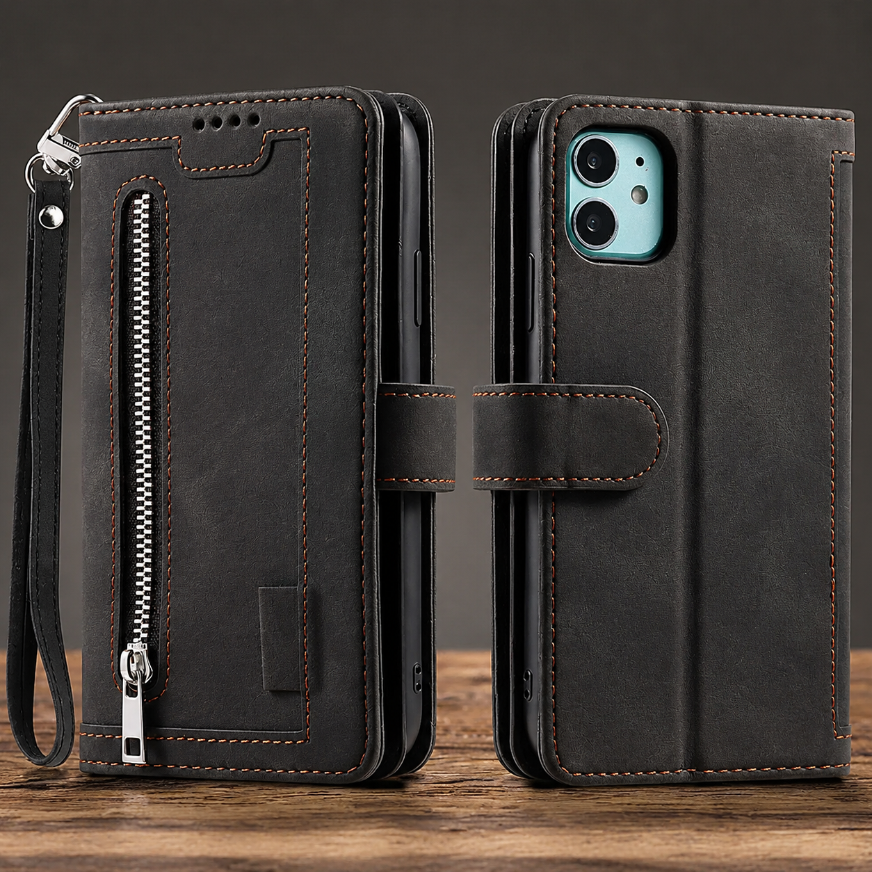 Premium Luxury iPhone Case MagSafe Compatible Flip Wallet Leather Cover Zipper Card Holder Strap Kickstand Shockproof Camera Protection Design Finish