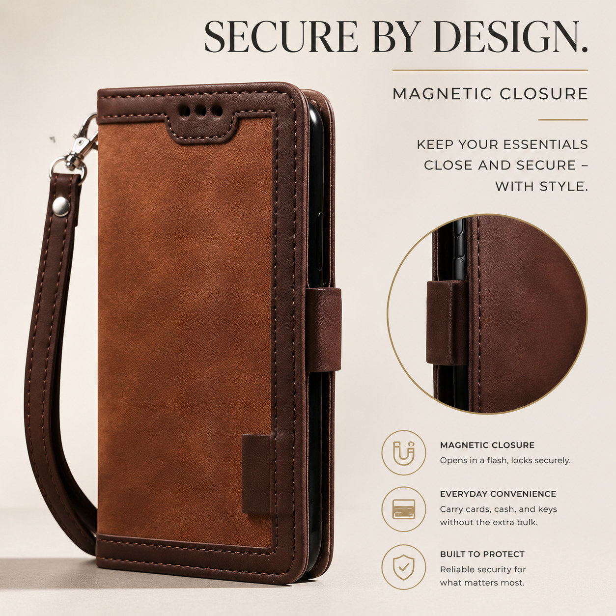 Premium Luxury iPhone Case MagSafe Compatible Genuine Leather Flip Wallet Cover Card Holder Magnetic Closure Shockproof Camera Protection Slim Design Finish