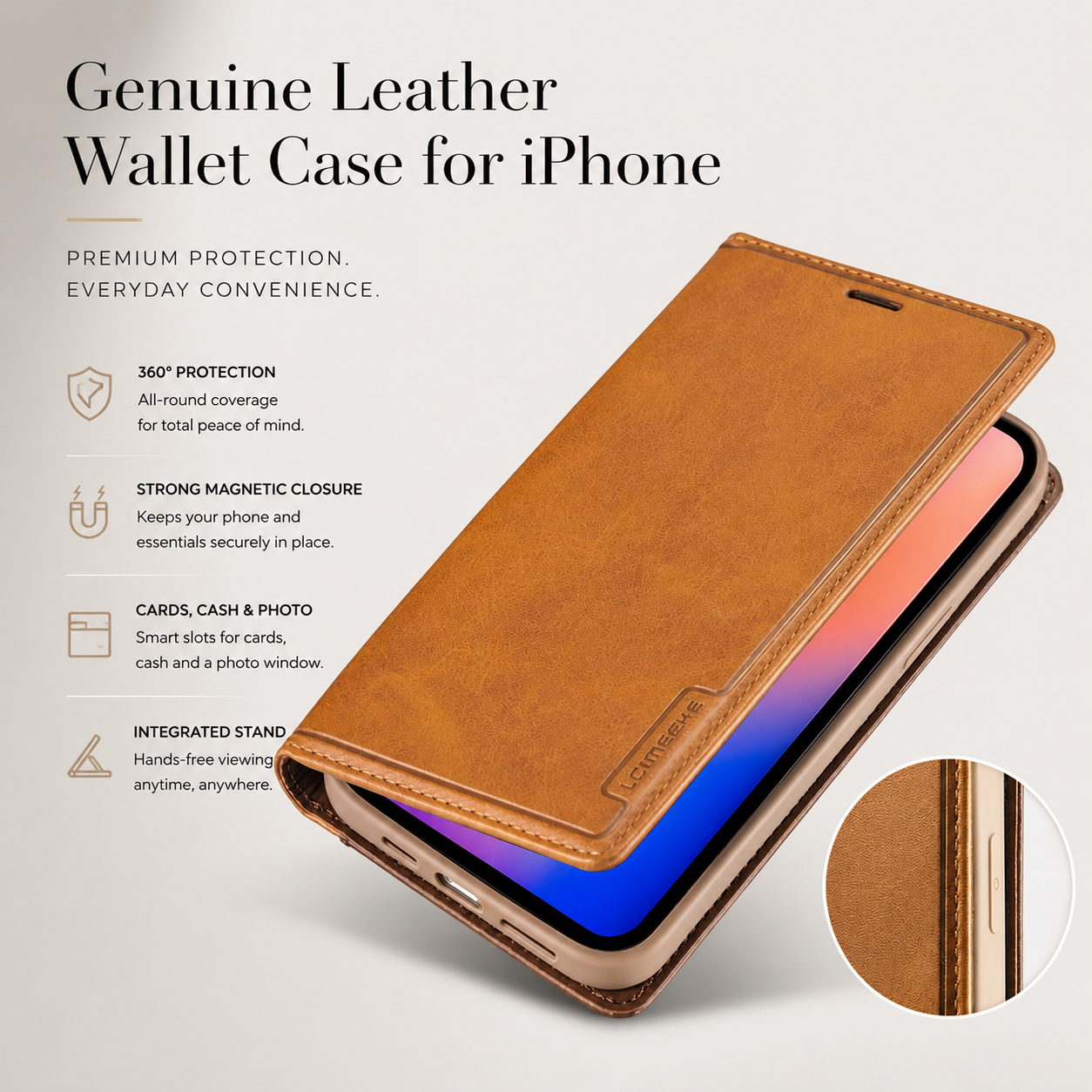 Premium Luxury iPhone Case MagSafe Compatible Genuine Leather Flip Wallet Cover Card Holder Magnetic Closure Shockproof Camera Protection Slim Design Finish