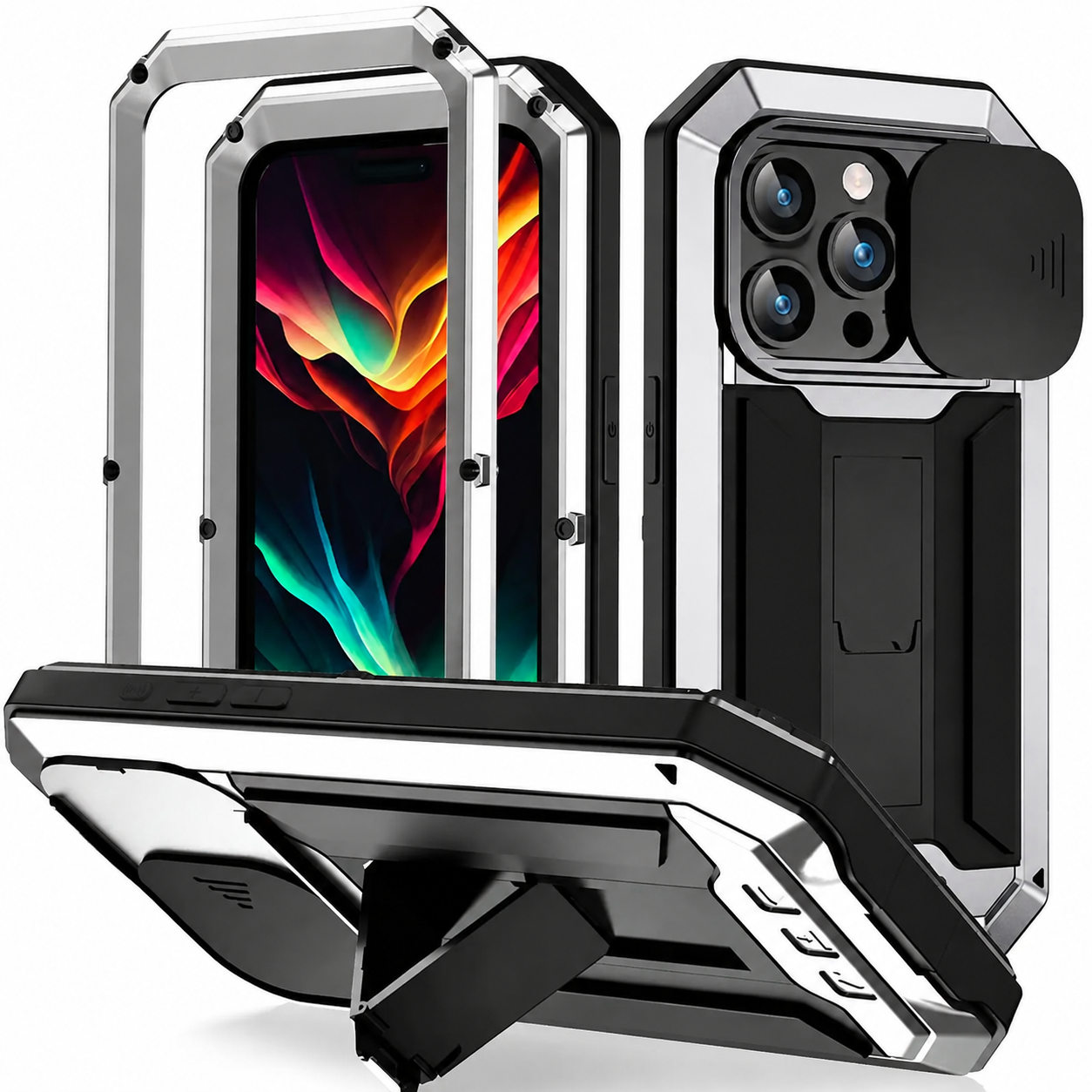 Premium Luxury iPhone Case MagSafe Compatible Military Metal Armor Cover Slide Camera Protector Tempered Glass Screen Shockproof Full Body Waterproof Rugged Design