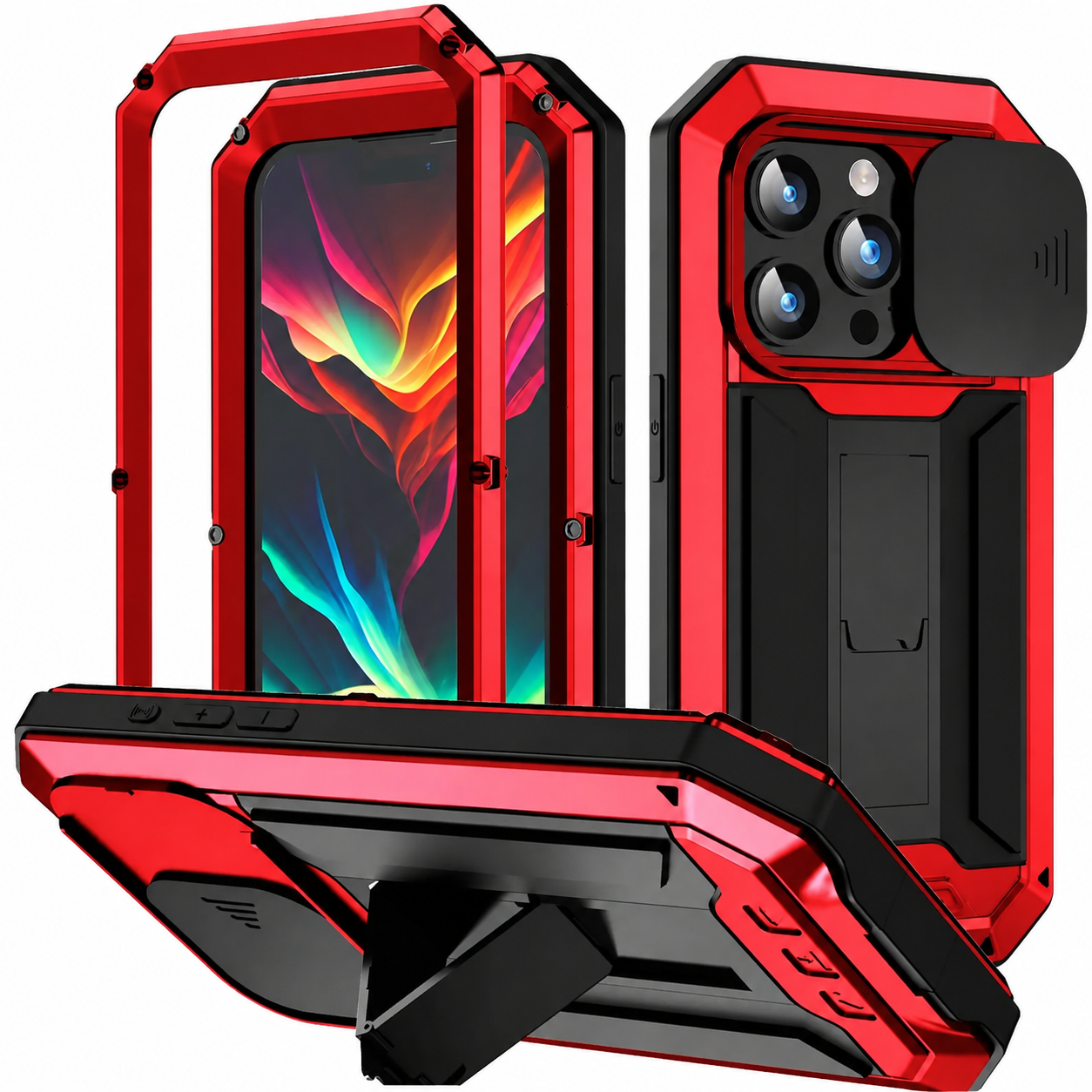 Premium Luxury iPhone Case MagSafe Compatible Military Metal Armor Cover Slide Camera Protector Tempered Glass Screen Shockproof Full Body Waterproof Rugged Design