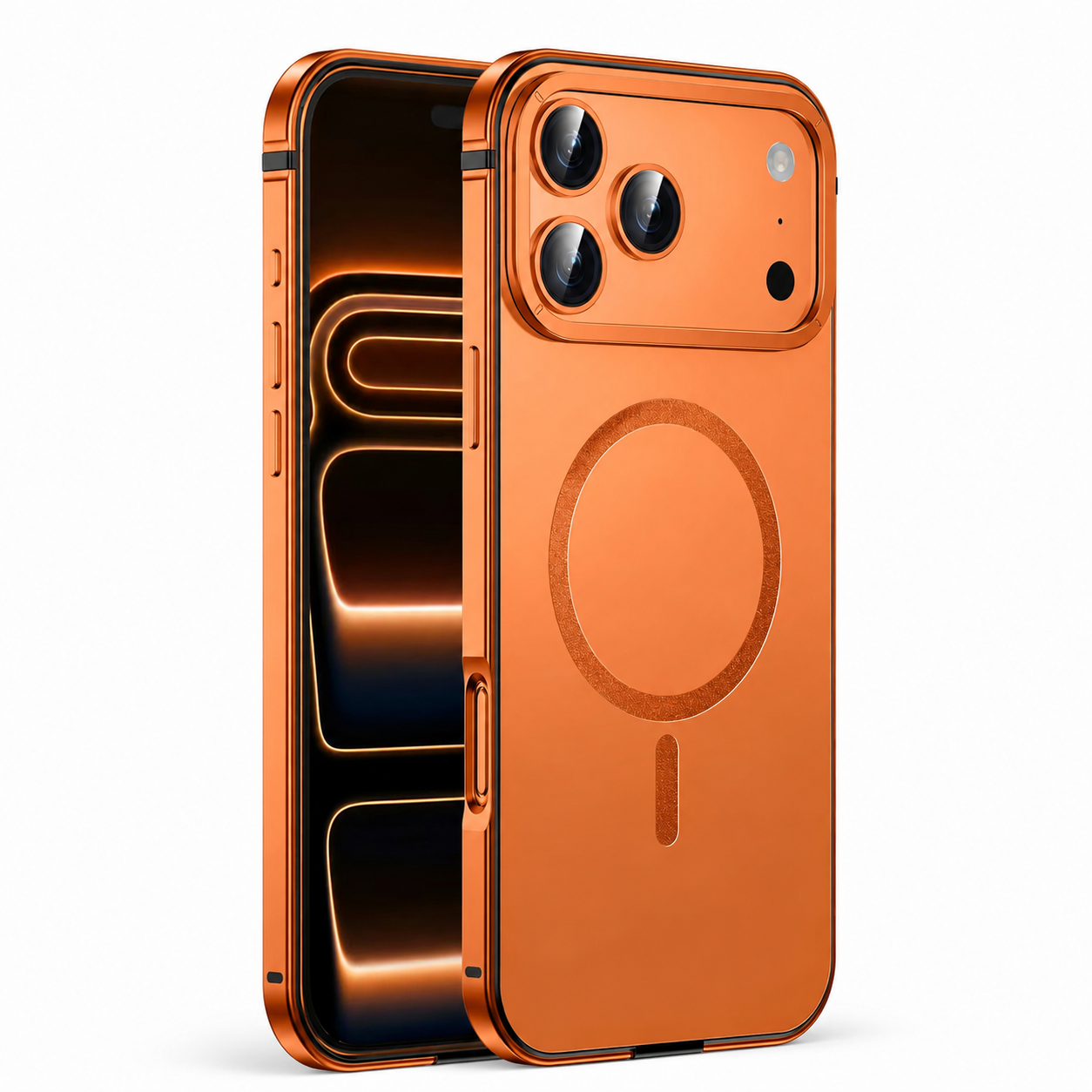 Premium Luxury iPhone Case MagSafe Compatible Orange Aluminum Alloy Cover Magnetic Glass Camera Protection Shockproof Matte Anti Scratch Durable Design