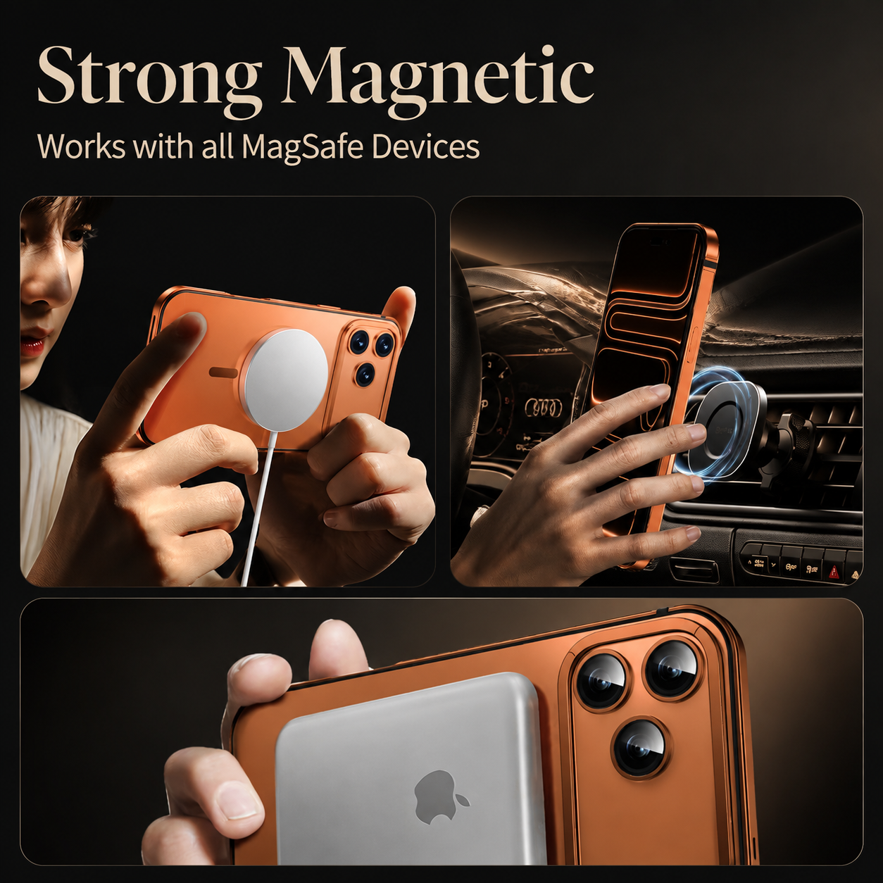 Premium Luxury iPhone Case MagSafe Compatible Orange Aluminum Alloy Cover Magnetic Glass Camera Protection Shockproof Matte Anti Scratch Durable Design