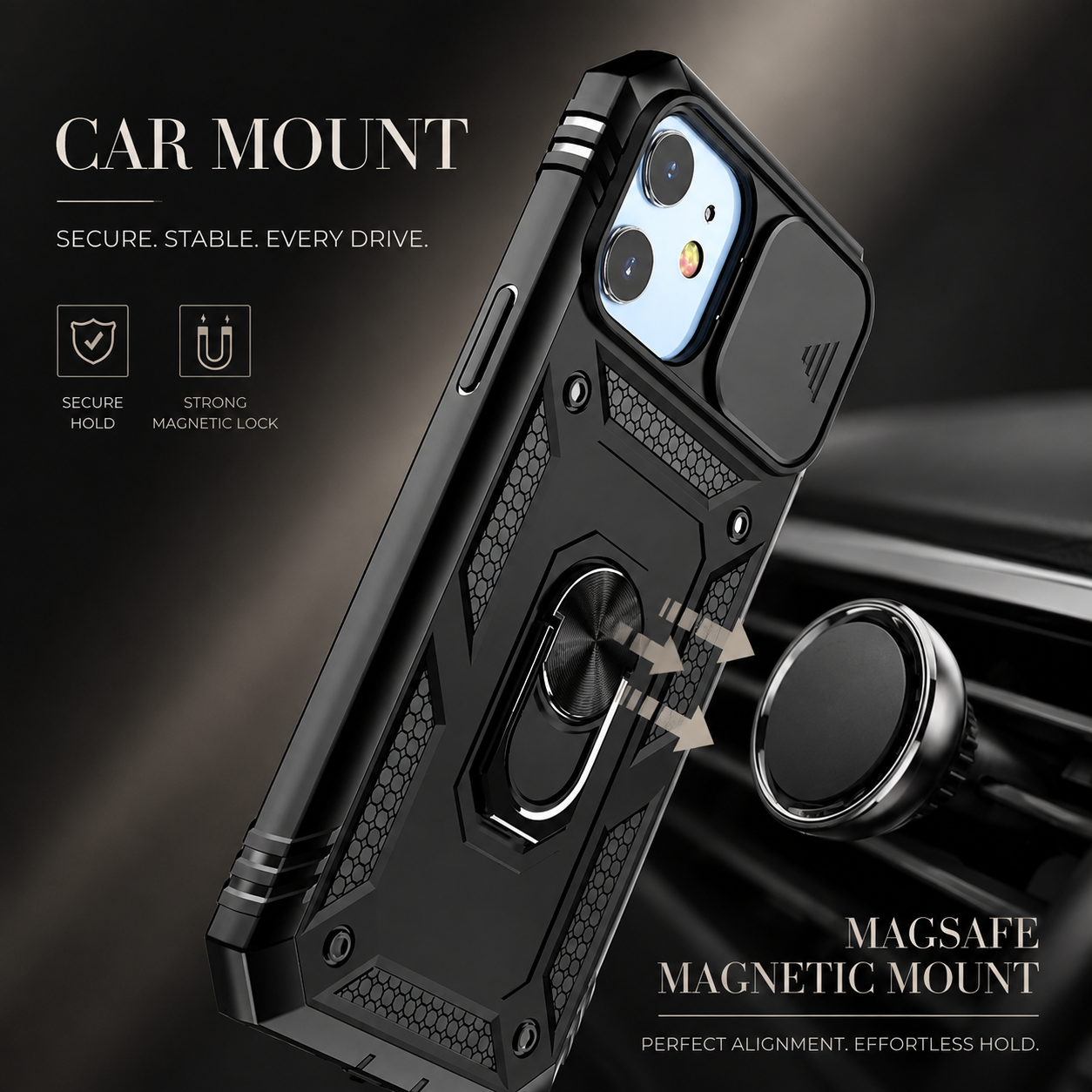 Premium Luxury iPhone Case MagSafe Compatible Rugged Armor Cover Kickstand Card Holder Shockproof 360 Protection Camera Lens Durable Design Finish
