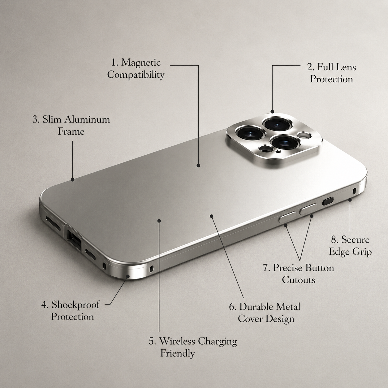 Premium Luxury iPhone Case Magnetic Aluminum Frame Cover Shockproof Full Camera Protection Slim Metal Design Wireless Charging Compatible Finish