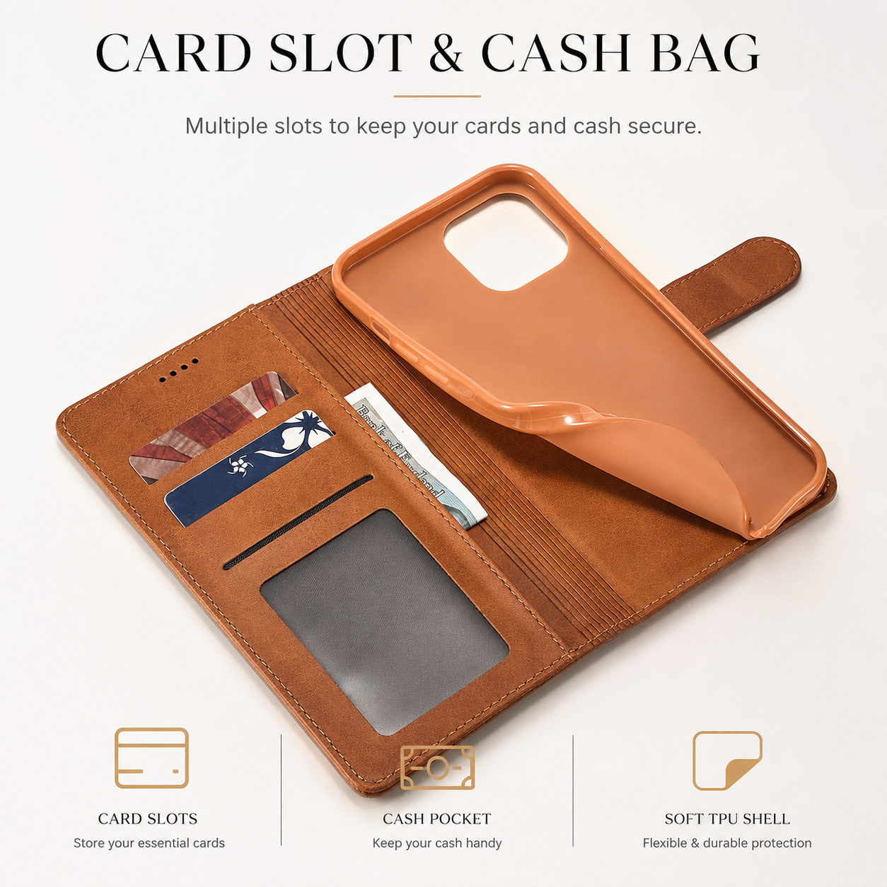 Premium Luxury iPhone Case PU Leather Wallet Flip Cover Card Slot Magnetic Closure Shockproof Full Body Protection Slim Elegant Design Finish