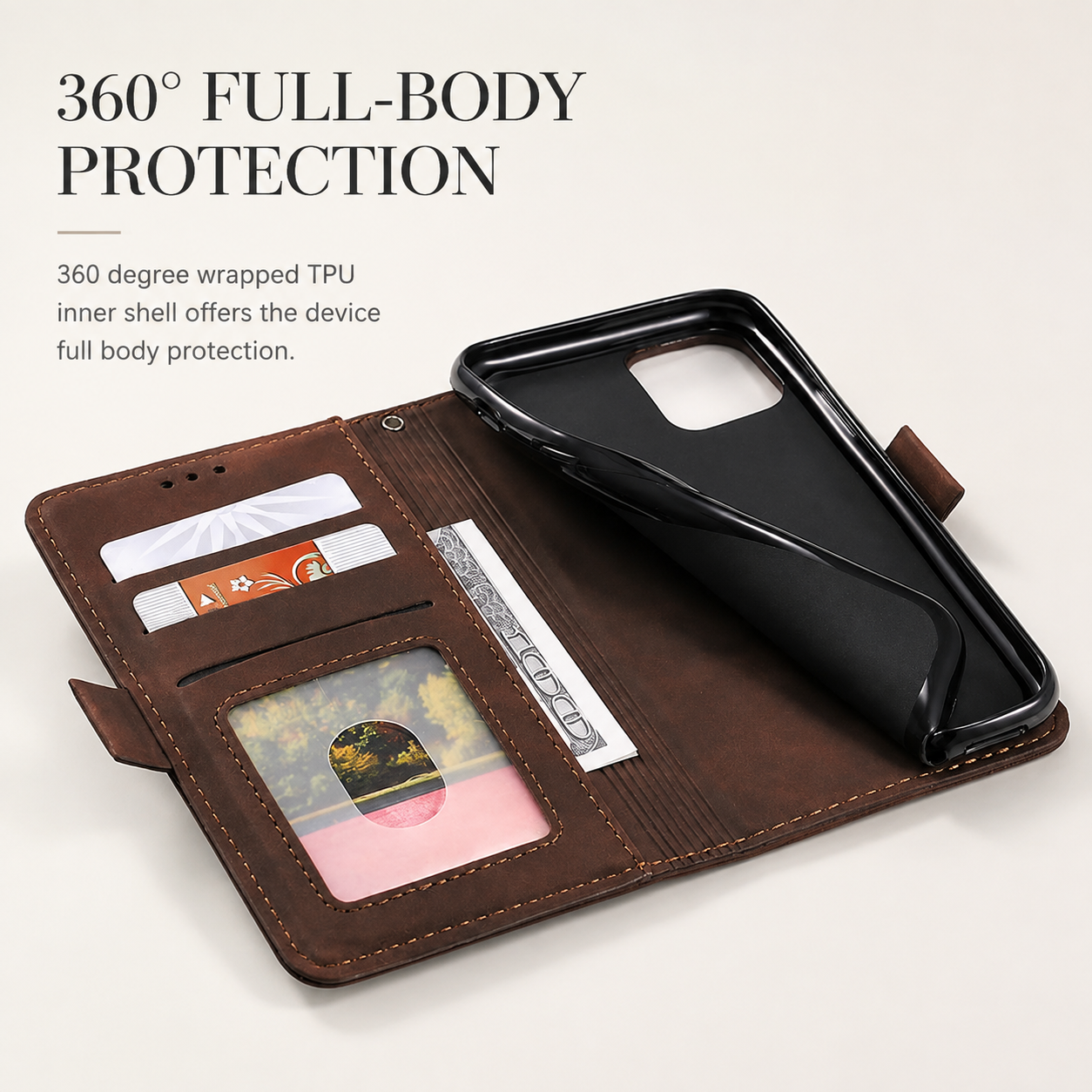 Premium Luxury iPhone Case PU Leather Wallet Flip Cover Card Slots Magnetic Closure Kickstand Shockproof Full Body Protection Slim Elegant Design Finish