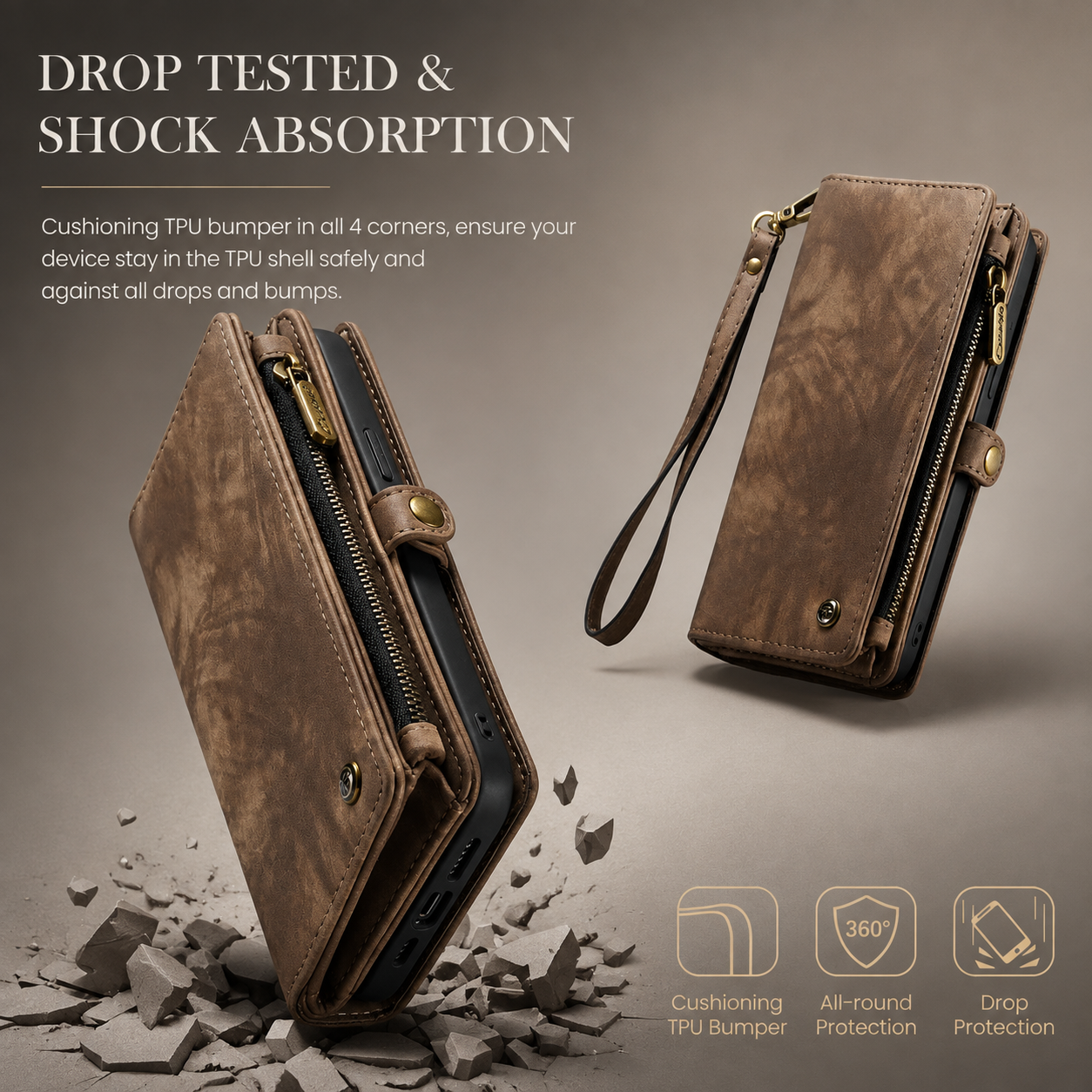 Premium Luxury iPhone Case Removable Magnetic Wallet Cover 8 Card Holder Metal Zipper Faux Leather Kickstand Lanyard Protective Durable Design
