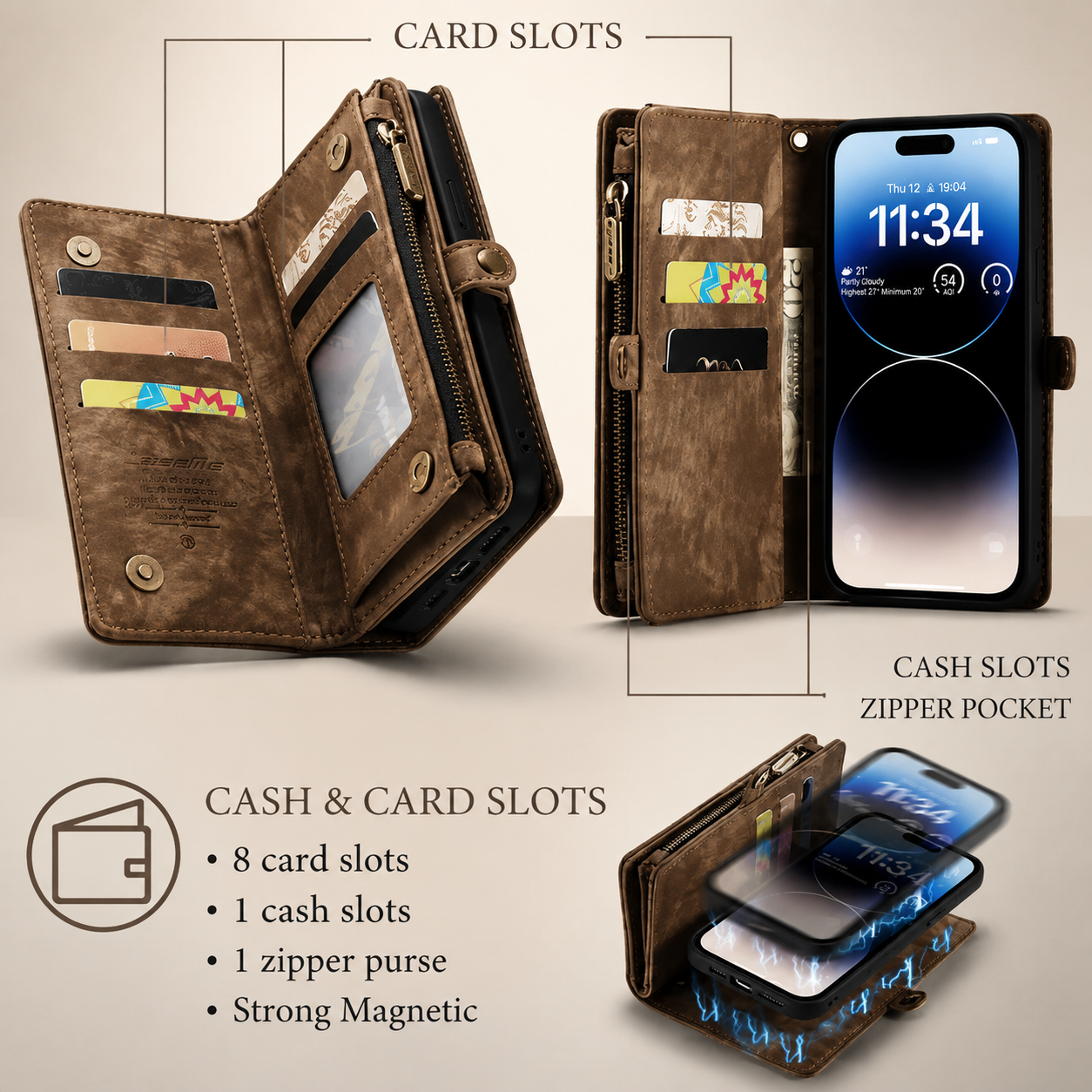 Premium Luxury iPhone Case Removable Magnetic Wallet Cover 8 Card Holder Metal Zipper Faux Leather Kickstand Lanyard Protective Durable Design