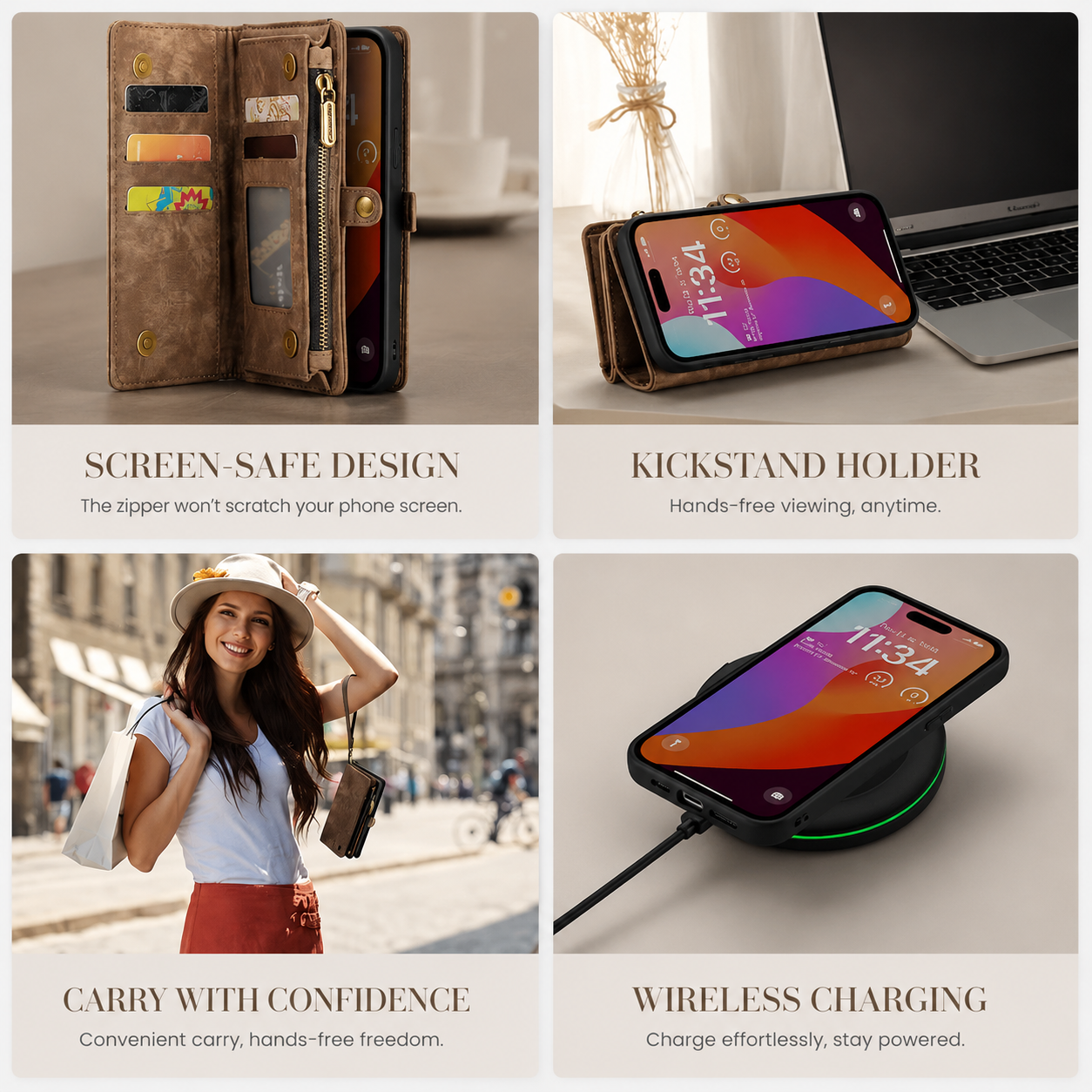 Premium Luxury iPhone Case Removable Magnetic Wallet Cover 8 Card Holder Metal Zipper Faux Leather Kickstand Lanyard Protective Durable Design