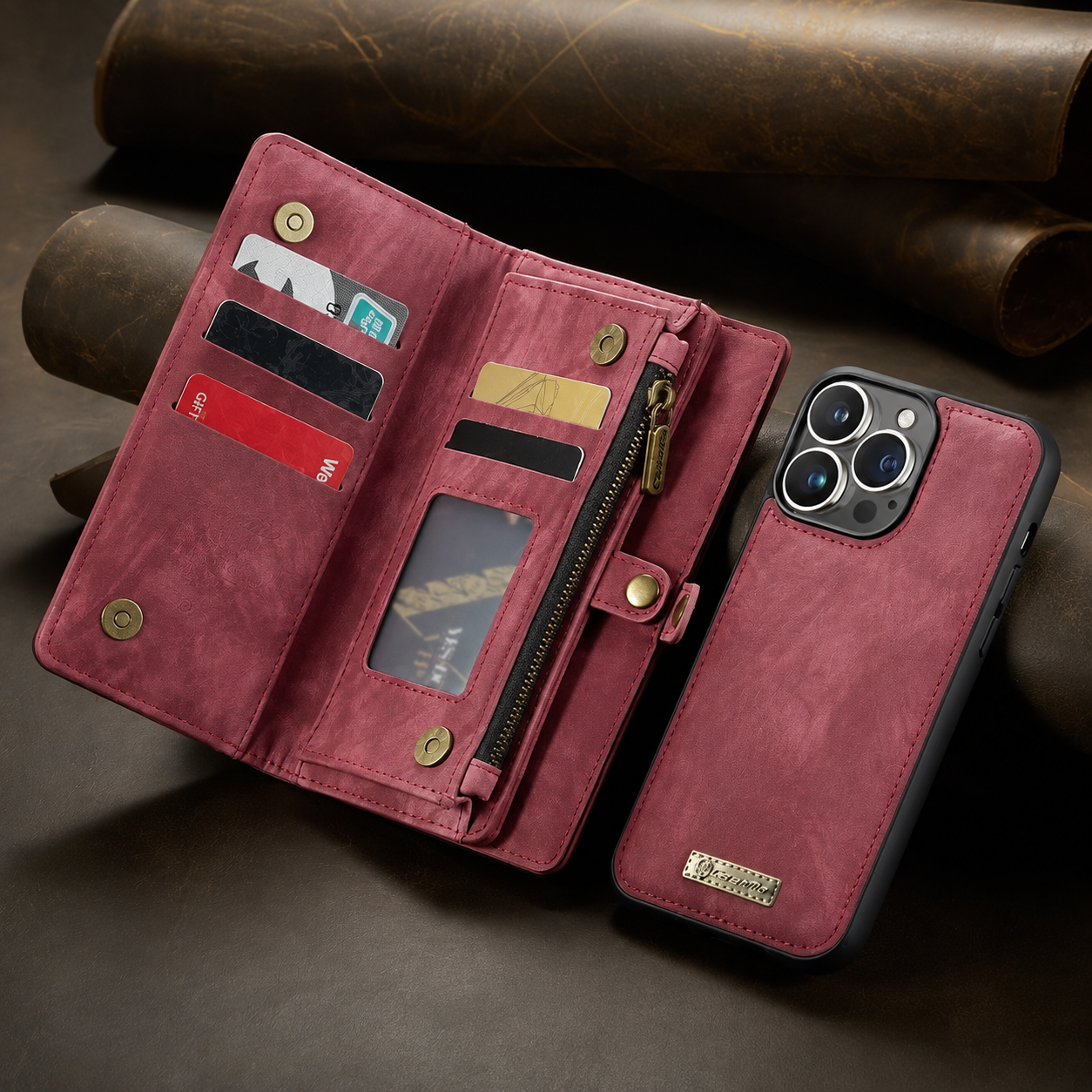 Premium Luxury iPhone Case Removable Magnetic Wallet Cover 8 Card Holder Metal Zipper Faux Leather Kickstand Lanyard Protective Durable Design