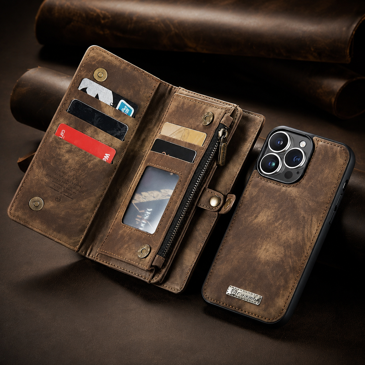 Premium Luxury iPhone Case Removable Magnetic Wallet Cover 8 Card Holder Metal Zipper Faux Leather Kickstand Lanyard Protective Durable Design
