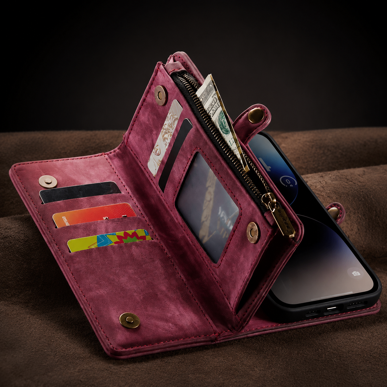 Premium Luxury iPhone Case Removable Magnetic Wallet Cover 8 Card Holder Metal Zipper Faux Leather Kickstand Lanyard Protective Durable Design