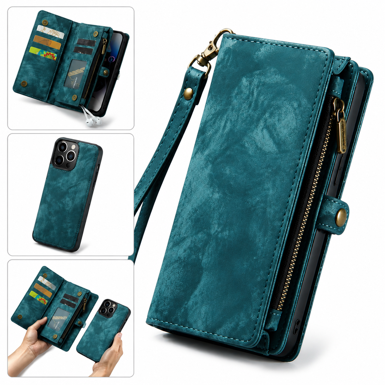 Premium Luxury iPhone Case Removable Magnetic Wallet Cover 8 Card Holder Metal Zipper Faux Leather Kickstand Lanyard Protective Durable Design