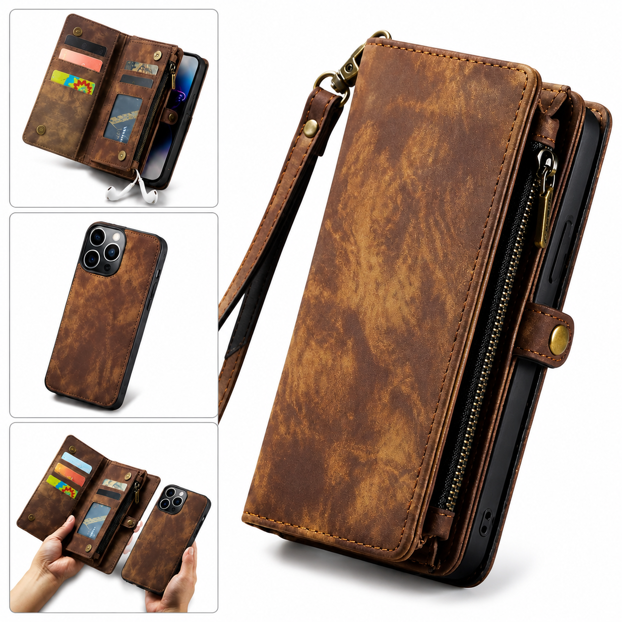 Premium Luxury iPhone Case Removable Magnetic Wallet Cover 8 Card Holder Metal Zipper Faux Leather Kickstand Lanyard Protective Durable Design
