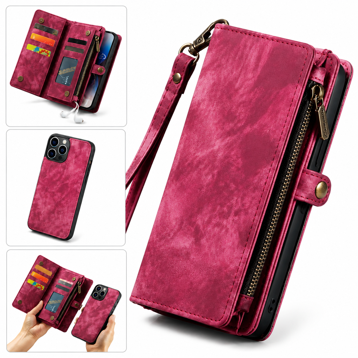 Premium Luxury iPhone Case Removable Magnetic Wallet Cover 8 Card Holder Metal Zipper Faux Leather Kickstand Lanyard Protective Durable Design