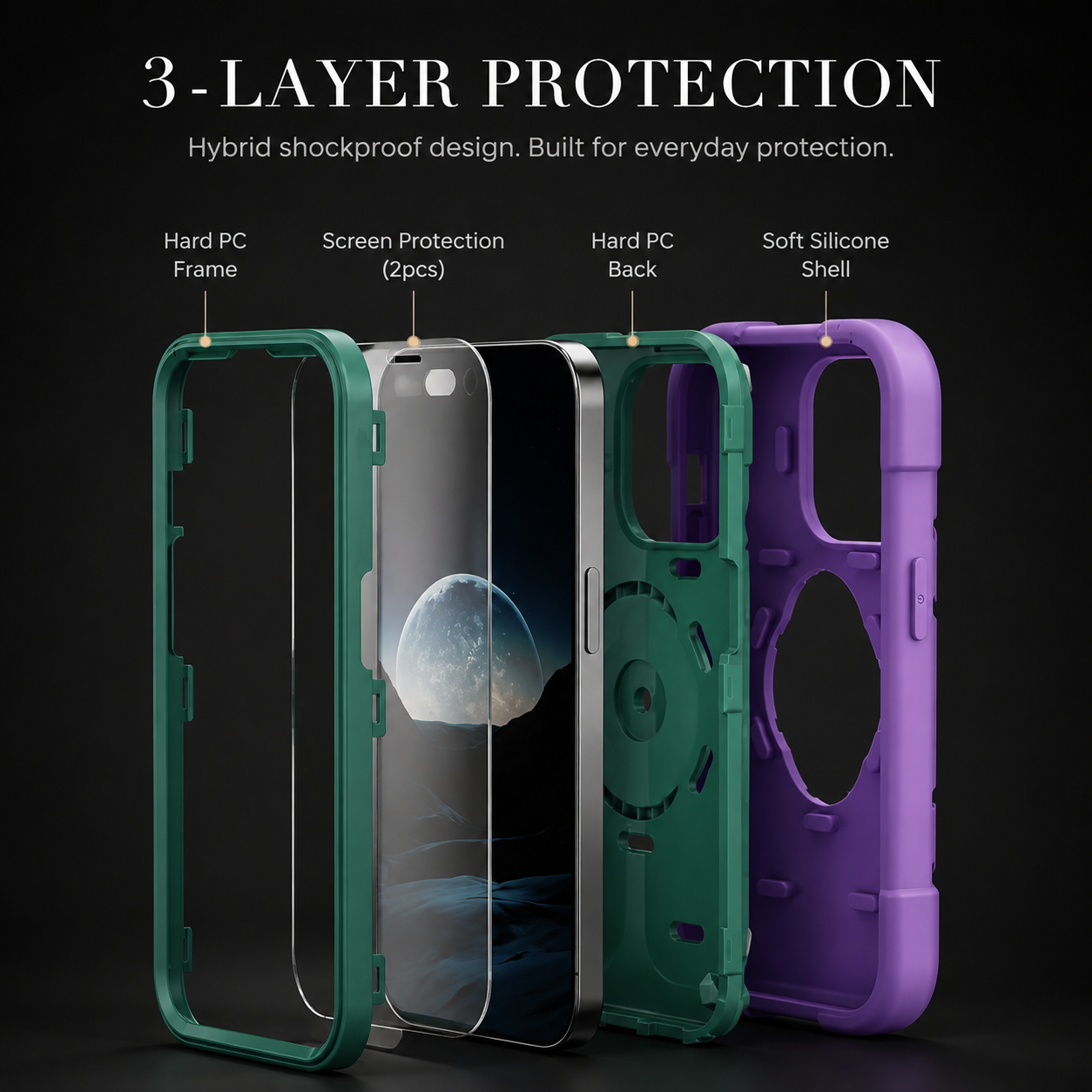 Premium Luxury iPhone Case Rugged Military Armor Cover Dual Layer Shockproof Kickstand Ring Holder Anti Slip Grip Full Protection Design Finish