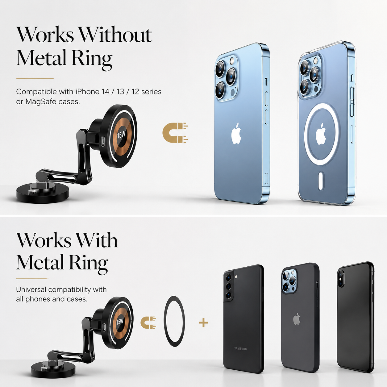 Premium Magnetic Car Wireless Charger Mount 15W Fast Charging Foldable Metal Phone Holder 360° Rotation Air Vent Stand Compatible with iPhone