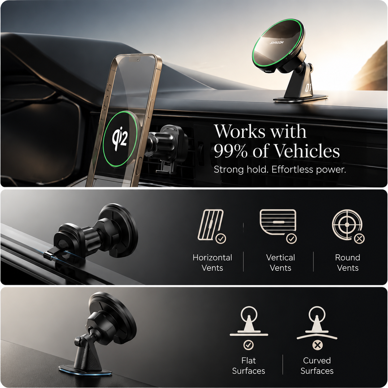 Premium Magnetic Wireless Car Phone Holder Fast Wireless Charging Car Mount 360° Rotating Dashboard Air Vent Mount MagSafe Compatible Compatible with iPhone