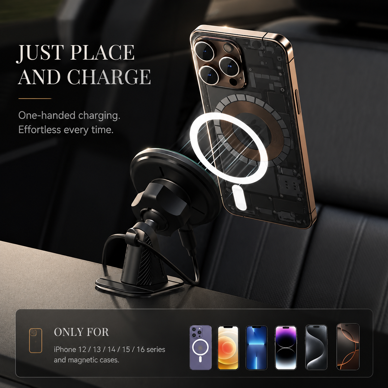 Premium Magnetic Wireless Car Phone Holder Fast Wireless Charging Car Mount 360° Rotating Dashboard Air Vent Mount MagSafe Compatible Compatible with iPhone