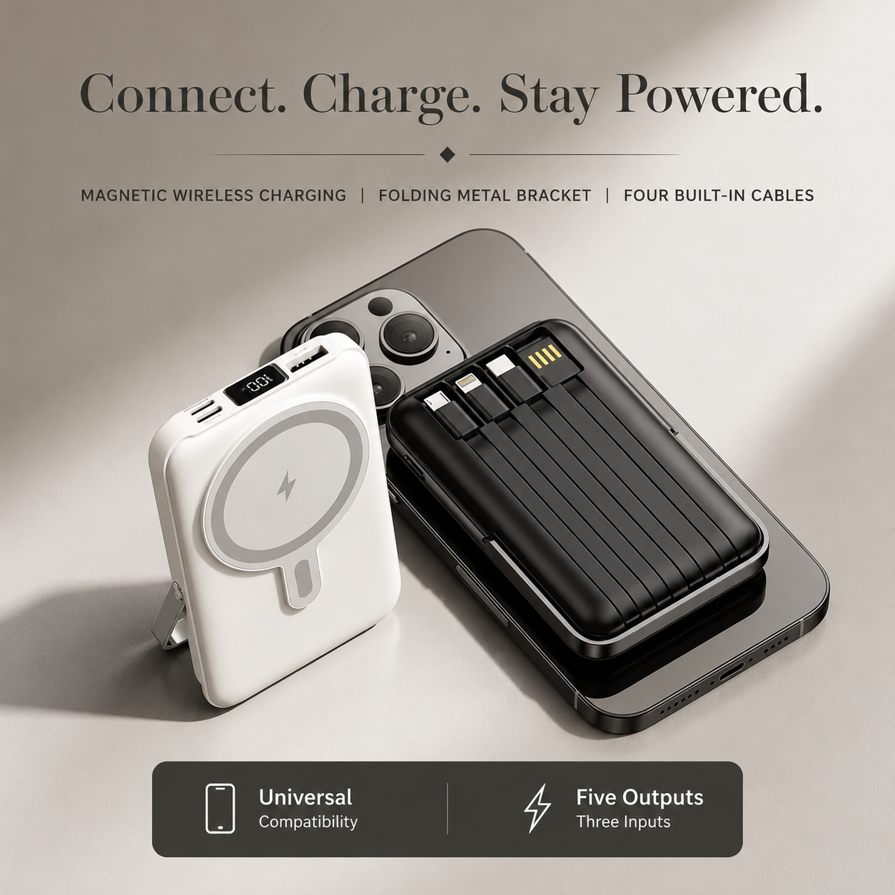 Premium Magnetic Wireless Power Bank 10000mAh 22.5W Fast Charging Portable Battery Built In Cable Wireless Charger Stand PD Compatible with iPhone