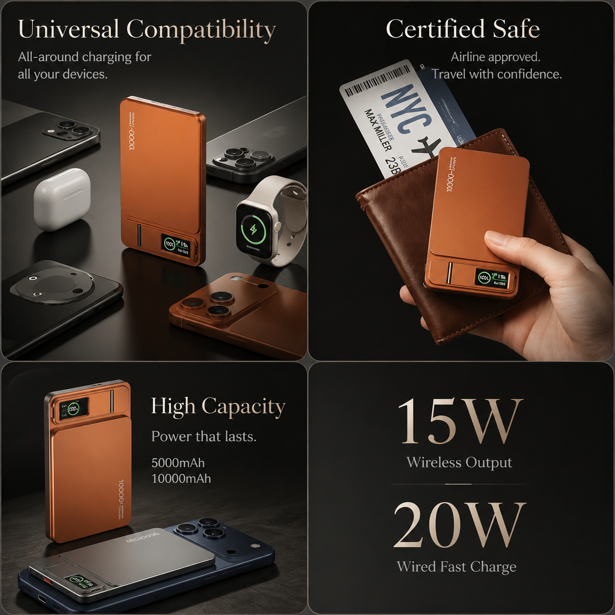 Premium Magnetic Wireless Power Bank Fast Charging Portable Battery Digital Display Metal Shell USB C Wireless Charger Two Way Charging Compatible with iPhone