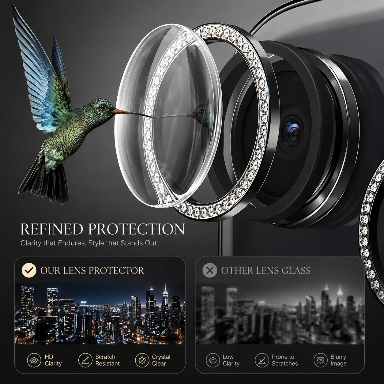 Premium Metal Camera Lens Protector Tempered Glass Camera Lens Cover Scratch Resistant Shockproof Anti-Dust Protective Ring Compatible with iPhone