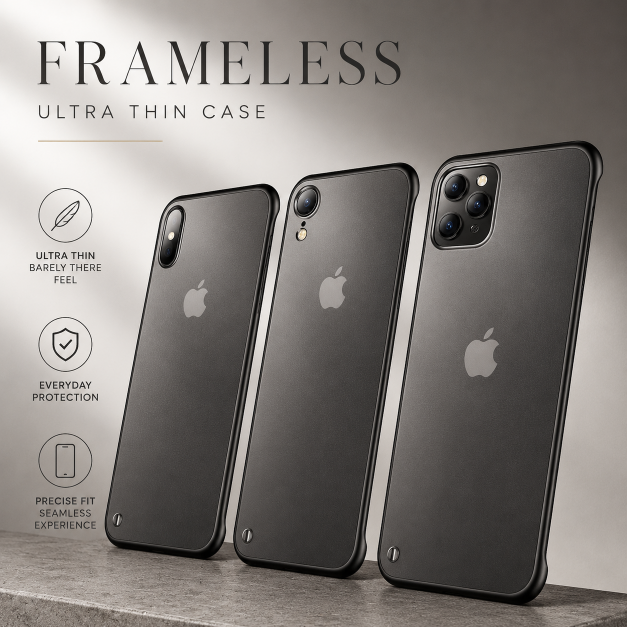 Premium Slim Frameless iPhone Case Matte PC Back Cover TPU Edge Lightweight Shockproof Scratch Resistant Minimal Protective Cover