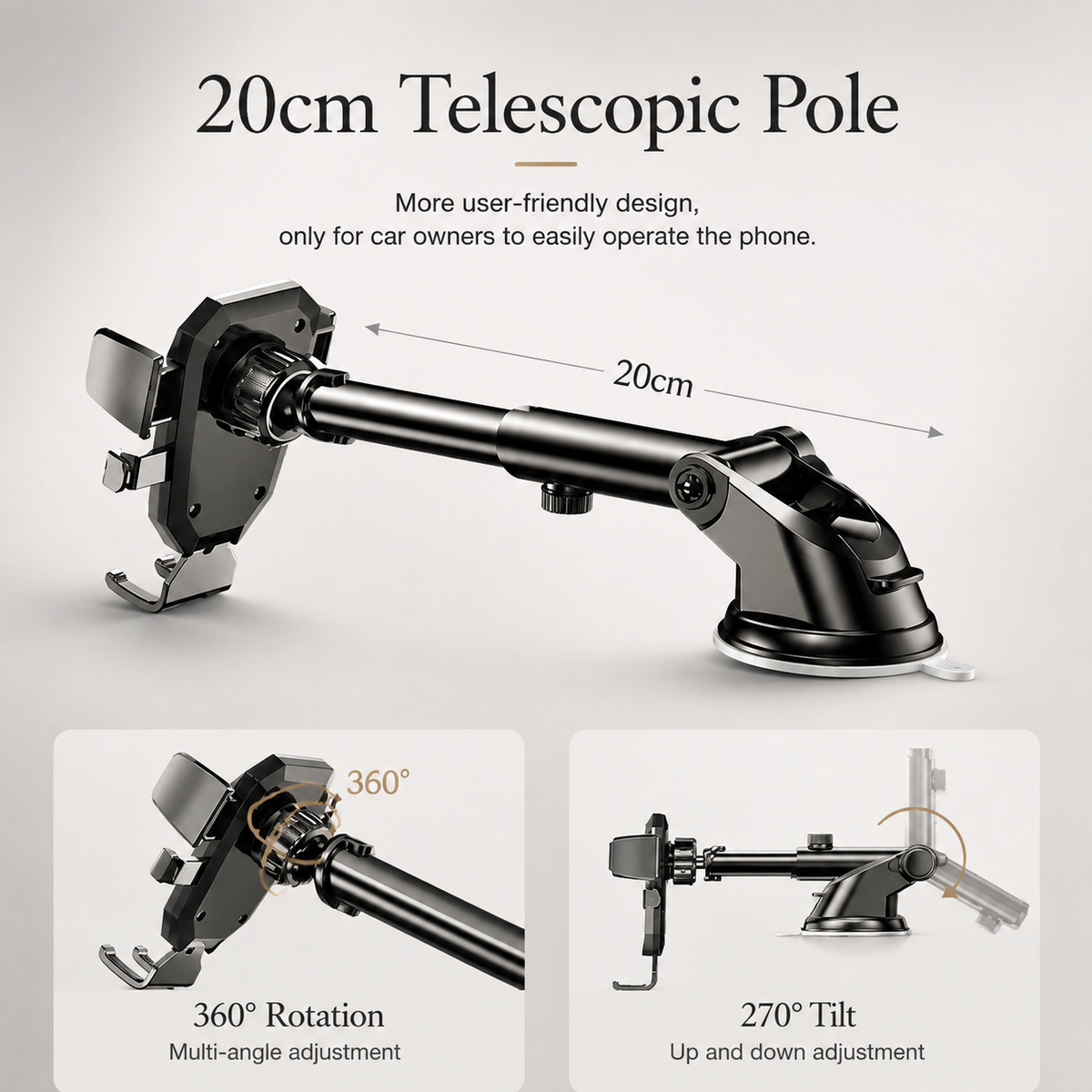 Premium Suction Cup Car Phone Holder Windshield Dashboard Phone Mount 360° Rotating Adjustable Gravity Lock Hands-Free GPS Car Stand Compatible with iPhone