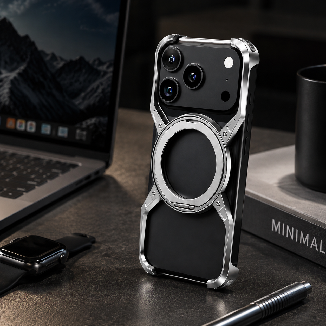 Premium iPhone Case Aluminum Alloy Bumper MagSafe Compatible Magnetic Cover 360° Rotating Ring Stand Shockproof Camera Lens Guard