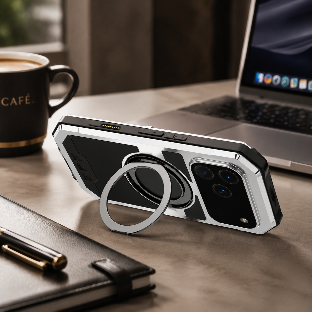 Premium iPhone Case Aluminum Armor MagSafe Compatible Protective Cover Built in Kickstand Glass Screen Protector Shockproof Bumper