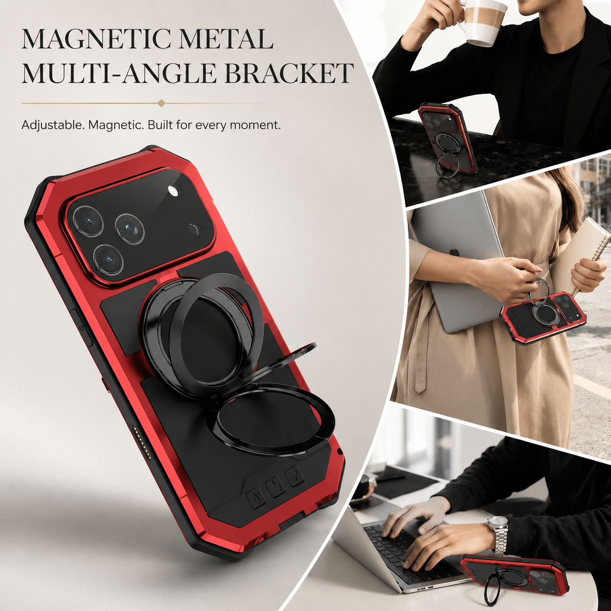 Premium iPhone Case Aluminum Armor MagSafe Compatible Protective Cover Built in Kickstand Glass Screen Protector Shockproof Bumper
